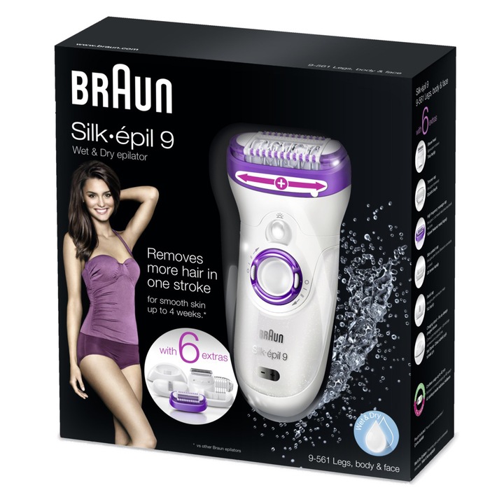 Epilator Braun Silk-épil 9561 Wet & Dry, 40 Pensete, Acumulator, 6 Accesorii, 2 Viteze, Alb/Mov