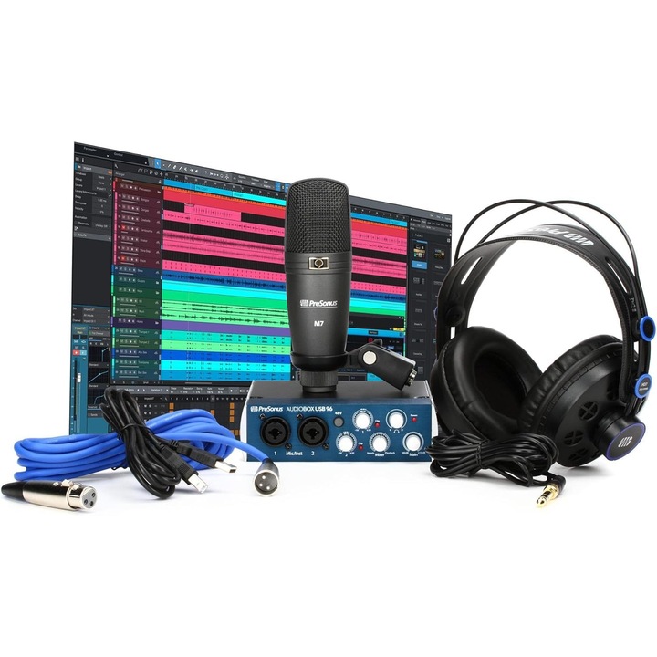 Interfață audio USB PreSonus Audiobox 96 Studio, csomag felvételhez, mikrofon, fejhallgató, szoftver
