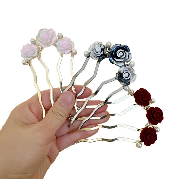 Hajcsat szett 3 darabos, BOMSTOM, virág design gyöngyökkel, többszínű