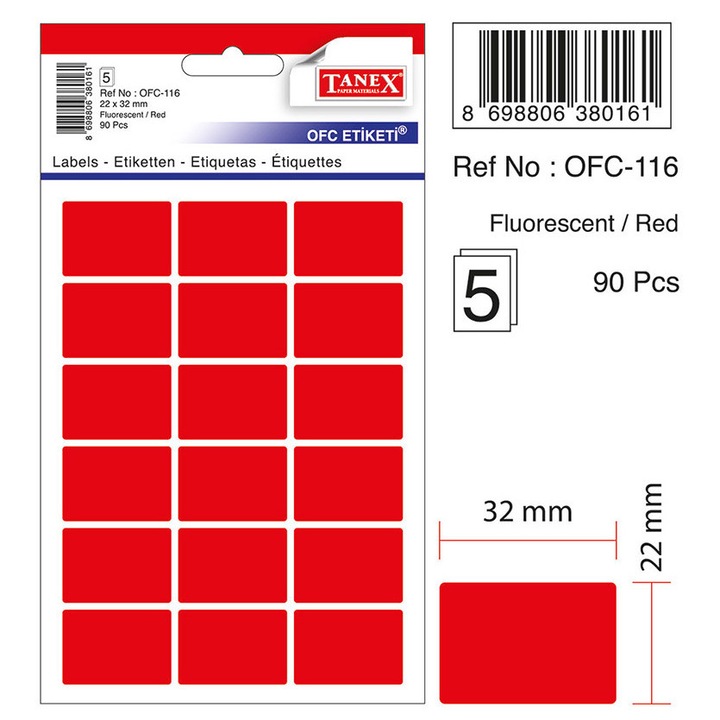 Etichete Autoadezive Color, 22 X 32 Mm, 90 Buc/set, Tanex - Rosu Fluorescent