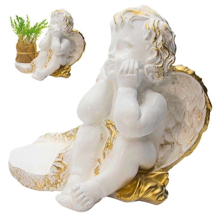 Figurina gipsata funerara, Decotrend, inger, alb-auriu, 22x22x14cm