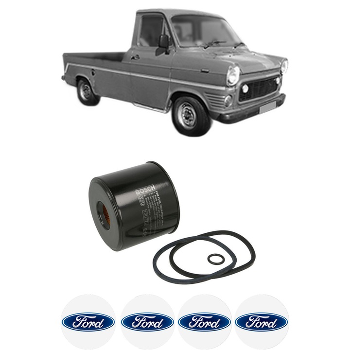 Filtru combustibil FORD TRANSIT Platform/Chassis (V_ _) 2.4 D (VGL, VSL, VTL, VCS, VDS) din 1978-1985 KW 46 CP 62 CMC 2358, Bosch, Auto, 4x Stickere auto cu FORD