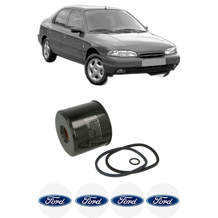 Filtru combustibil FORD MONDEO I (GBP) 1.8 TD din 1993-1996 KW 65 CP 88 CMC 1753, Bosch, Auto, 4x Stickere auto cu FORD