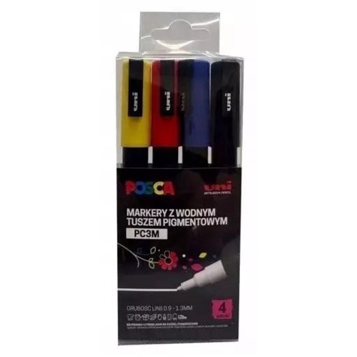Set markere Posca PC-3M, 4 culori, 0,9-1,3 mm
