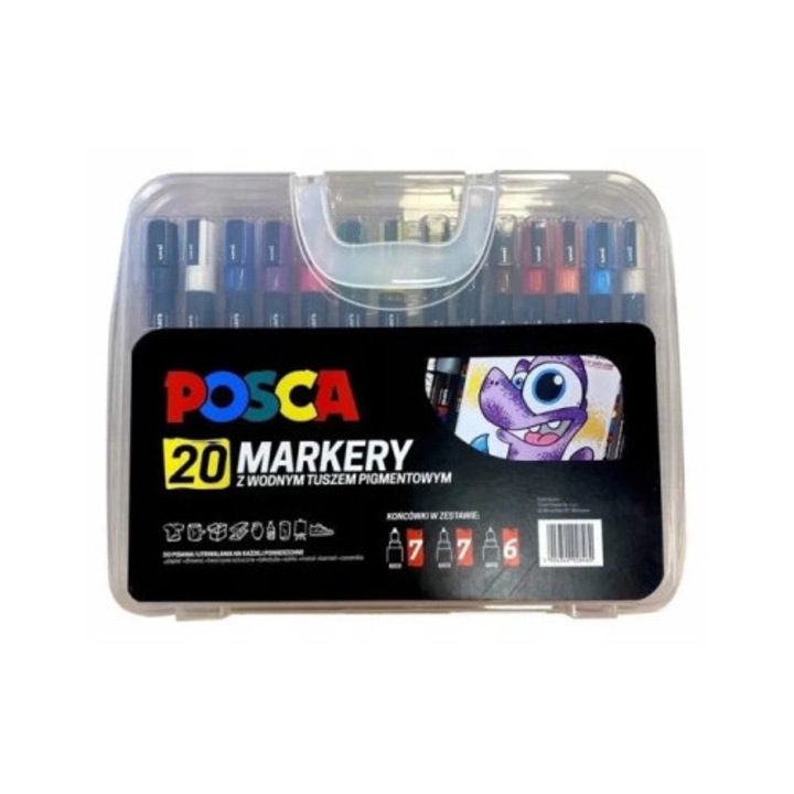 Set 20 Markere Uni Mitsubishi Pencil, multicolor, in teaca plastica