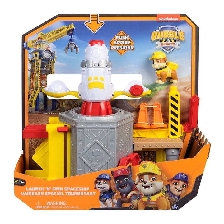Set figurine Rubble si echipa Patrula Catelusilor lanseaza si roteste nava spatiala