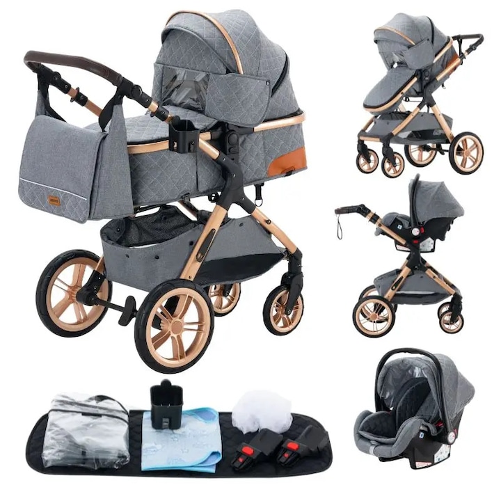 Carucior 3-in-1, inaltime mare X1, gri, usor si portabil, suporta pana la 20 kg