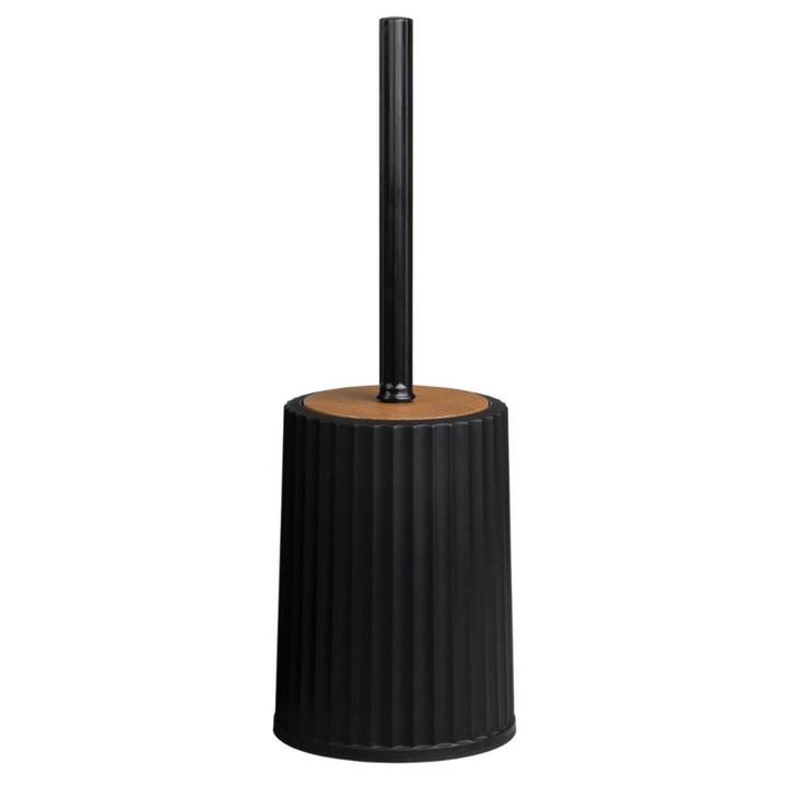 WC kefe, polipropilén és ABS, állványra szerelhető, modern design, 11.9 x 11.9 x 34 cm, fekete és fa