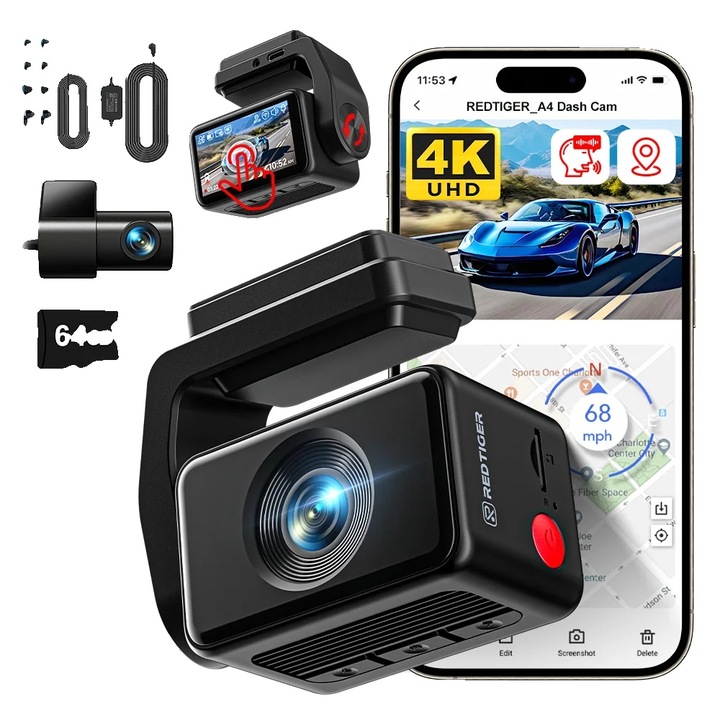 Camera auto DVR, inregistrare 4K, monitorizare parcare, A4 cu kit HW, 64G TF inclus