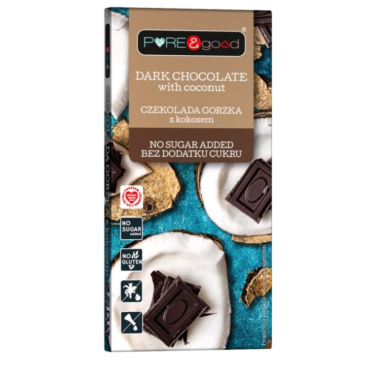 Ciocolata neagra PURA & BUNA cu nuca de cocos, fara zahar adaugat, 75g