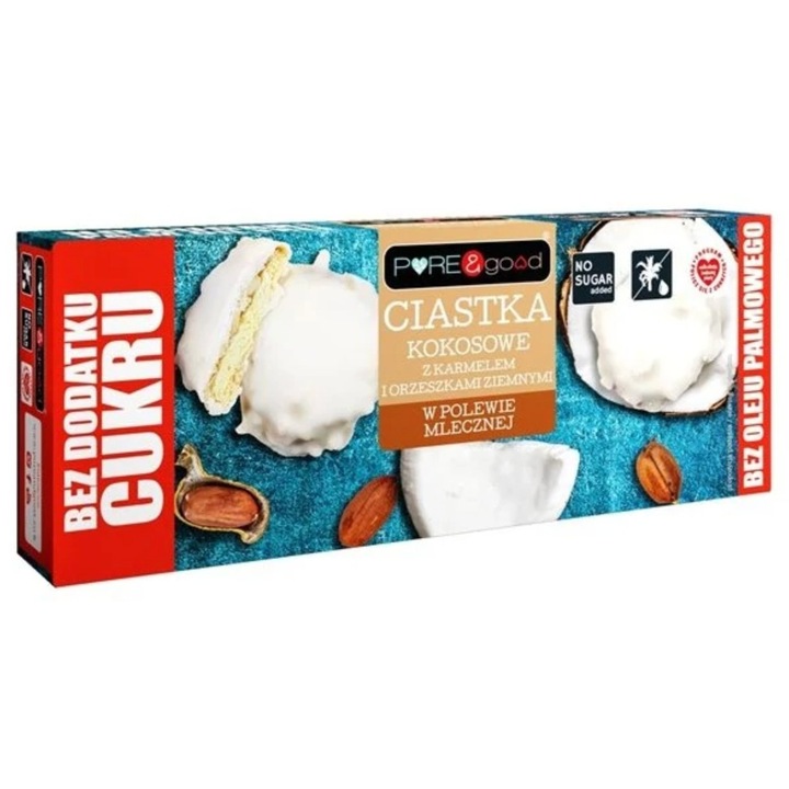 Biscuiti cu cocos si caramel cu arahide in glazura de lapte Pure & Good 128g, fara zahar, fara ulei de palmier