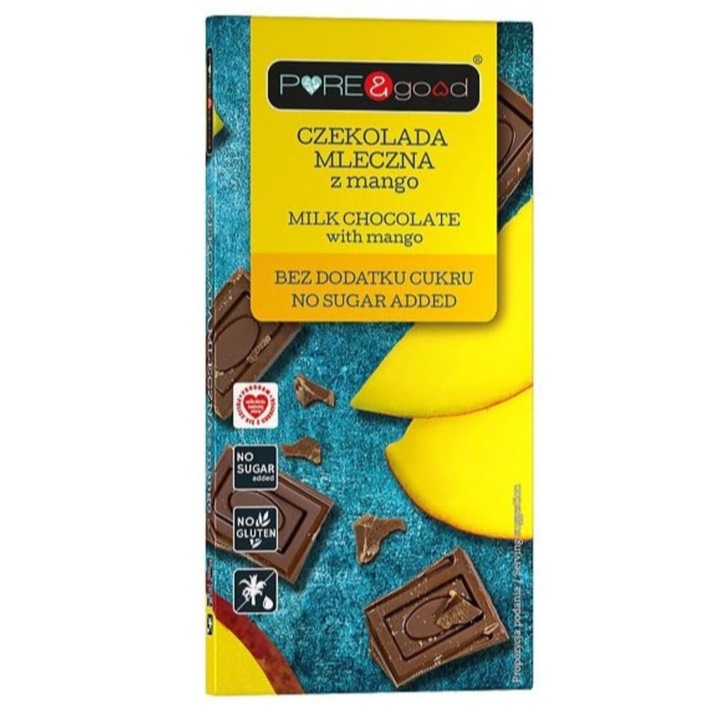 Ciocolata cu lapte si mango fara zahar, Pure & Good, 75g, fara gluten, fara ulei de palmier