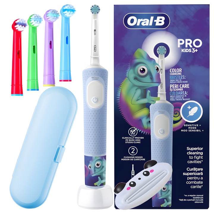 Szett, Elektromos gyermekfogkefék, Oral-B Vitality PRO Kids 3+, Kaméleon, Kék, 4x pótfej, Utazótáska, Fogkrémkinyomó