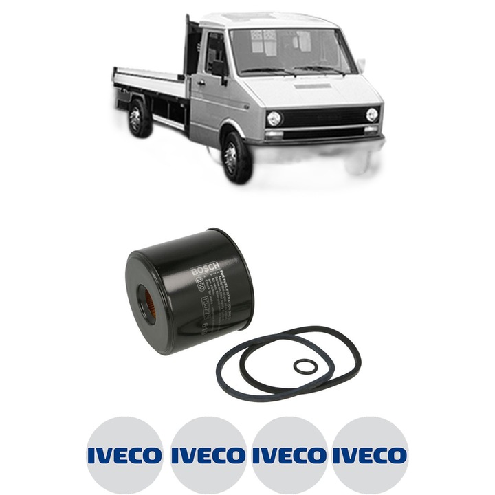 Filtru combustibil IVECO DAILY I Platform/Chassis 40-8 din 1983-1989 KW 53 CP 72 CMC 2445, Bosch, Auto, 4x Stickere auto cu IVECO