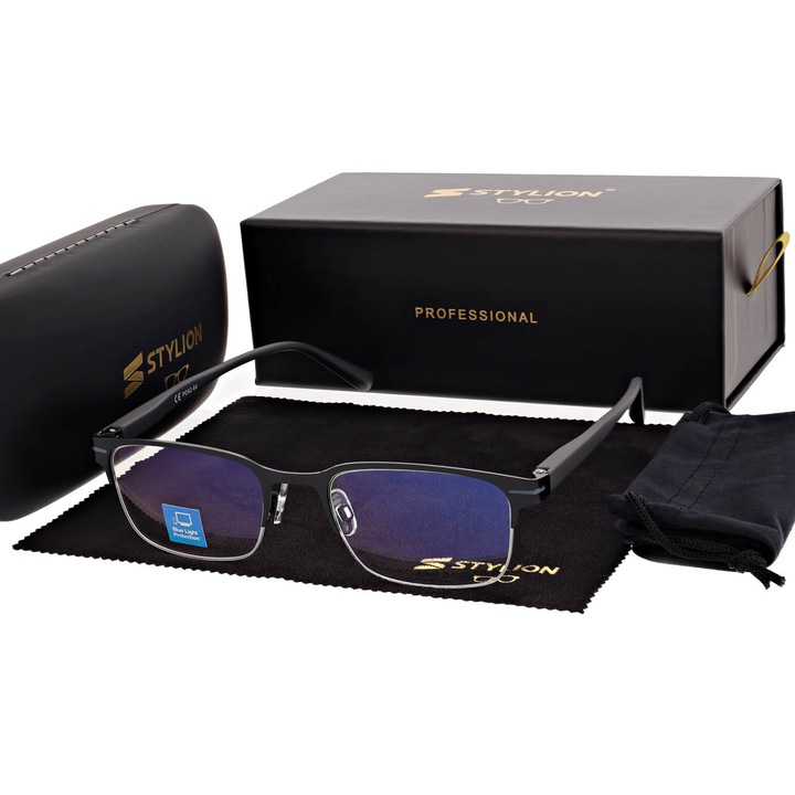 Ochelari de vedere pentru barbati, +2.25, cu protectie Blue Light si antireflex, negru/grafit, set complet