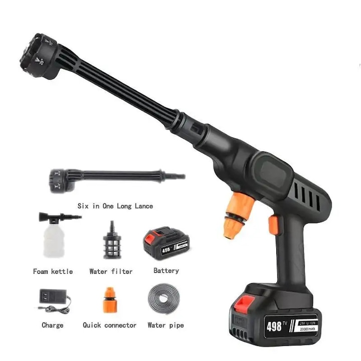 Spalator cu presiune fara fir, Pistol de apa portabil, 2 baterii, Duza 6-in-1, Cu furtun de apa, Pentru auto si gradina
