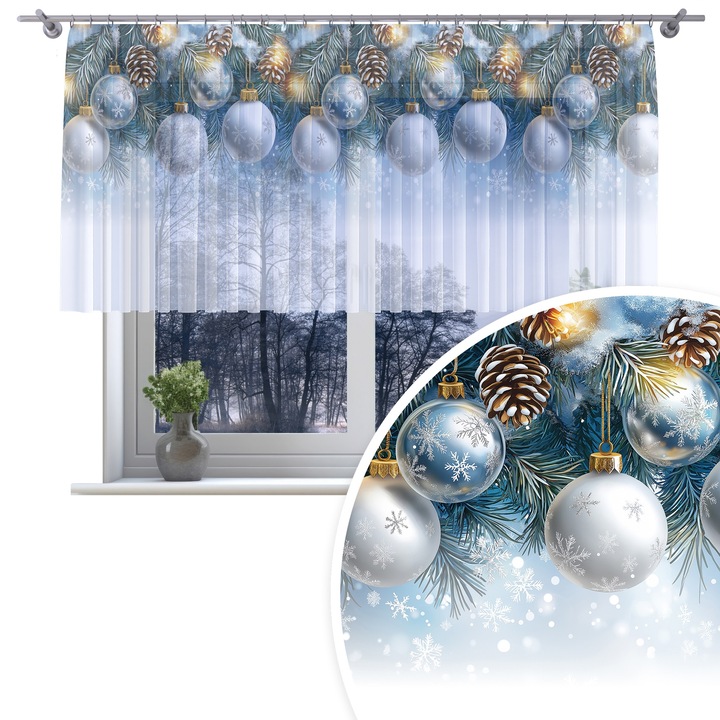 Perdea, Homeview, 300x120 cm, Craciun, Pentru camera de zi si dormitor, Cu banda de incretire, Decorativ, Montaj usor, Poliester, Alb cu imprimeu, model 482