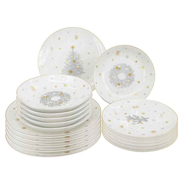 Комплект 18 части прибори за хранене Сребърна Коледа, бял/сребрист/златист, за 6 души