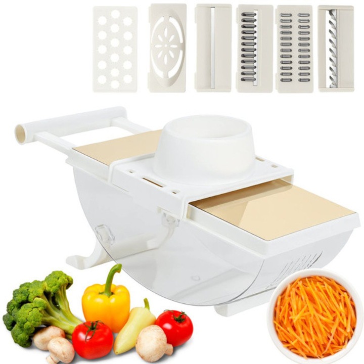 Razatoare multifunctionala Przyjaciele® 6 lame interschimbabile, razatoare multifunctionala pentru legume si fructe, separator de ou inclus, alb-auriu, 30x13x12 cm, razatoare multifunctionala cu recipient, 6 lame pentru feliere/razuit, usor de curatat, or