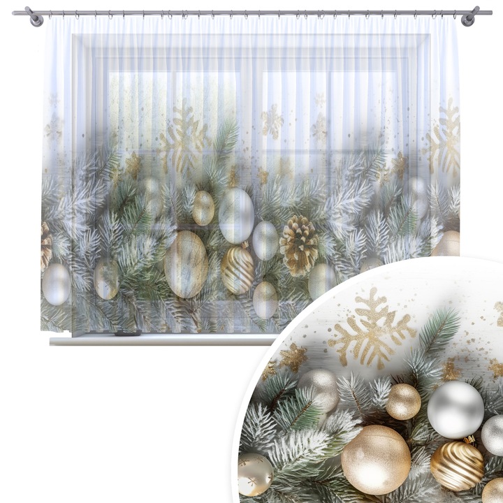 Perdea, Homeview, 400x150 cm, Craciun, Pentru camera de zi si dormitor, Cu banda de incretire, Decorativ, Montaj usor, Poliester, Alb cu imprimeu, model 299