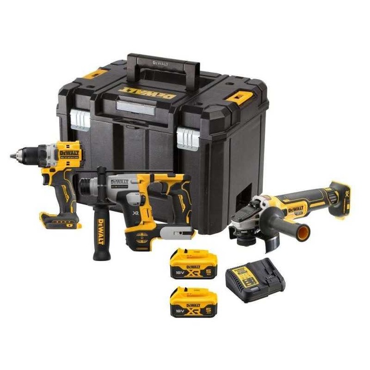 Set 3 Scule DeWalt cu Acumulatori DCK355P2T: Bormasina, Ciocan Rotopercutor si Polizor Unghiular, 18V XR, 5 Ah