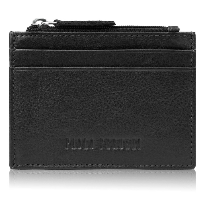 Кожен калъф за карти с RFID джоб с цип, черен Paolo Peruzzi AY-17-BL