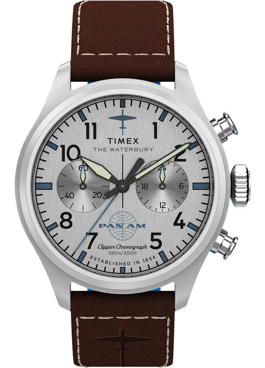 Ceas barbatesc Timex, model TW2Y38700, cronograf, otel inoxidabil, curea din piele, 41mm, maro, rezistent la apa 100m