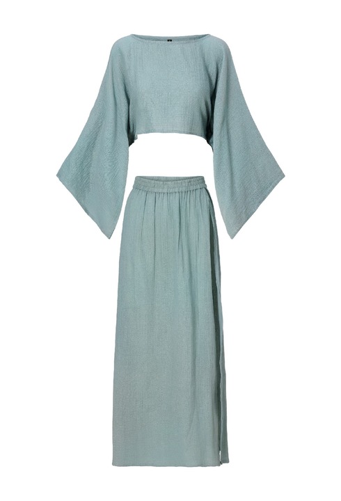 LingaDore, Set de bluza de plaja din bumbac si fusta cu talie elastica - 2 piese, Verde sparanghel