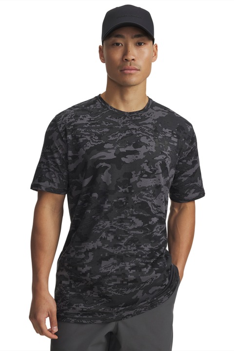 Under Armour, Tricou cu model si decolteu la baza gatului, Negru/Negru stins