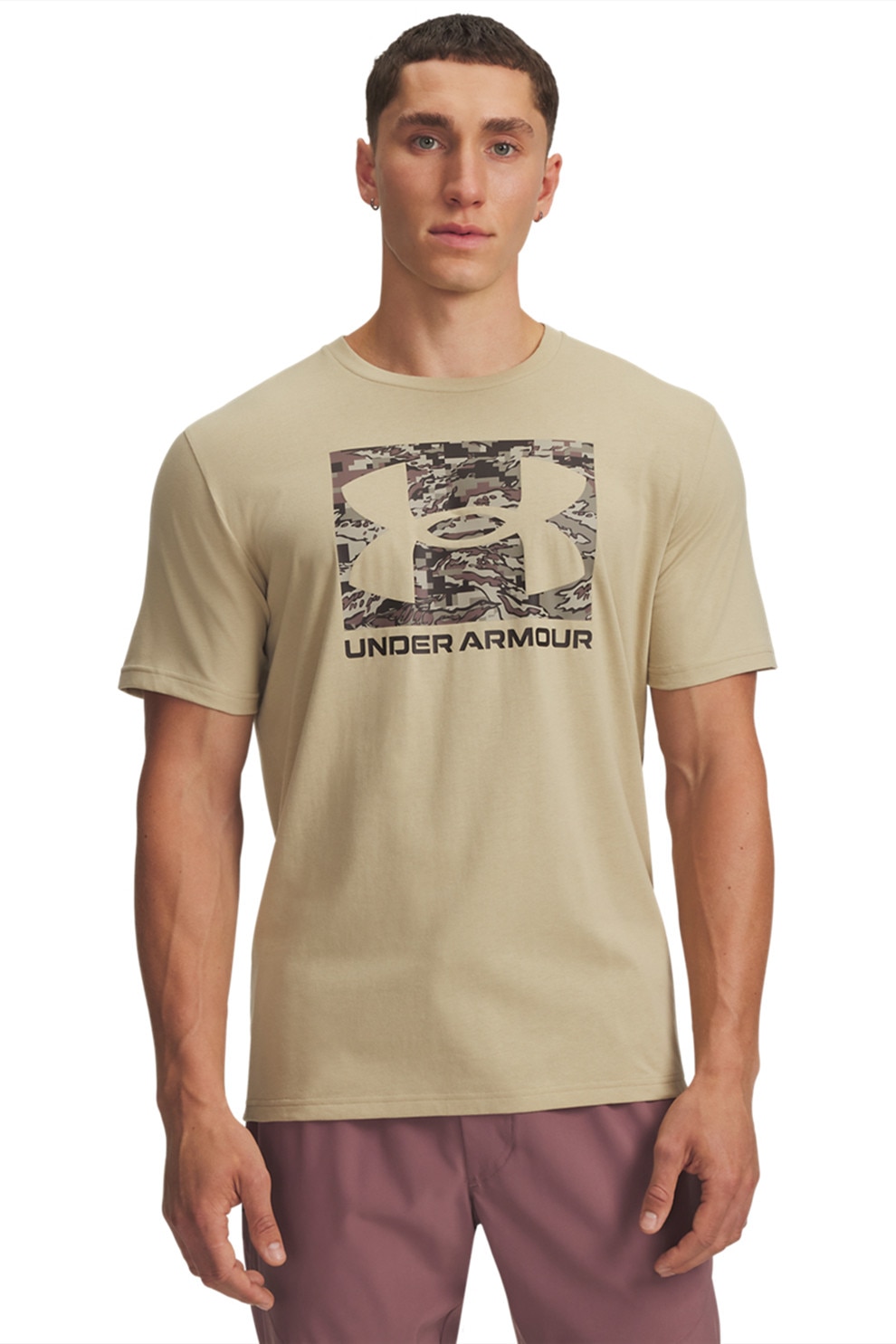 Under Armour, Tricou cu decolteu rotund si logo ABC Camo, Bej inchis, M
