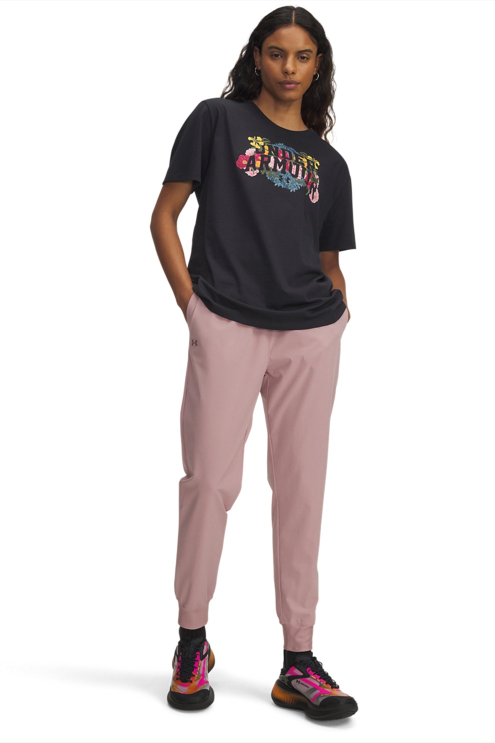 Under Armour, Pantaloni de trening cu talie medie si logo discret, Roz prafuit, S