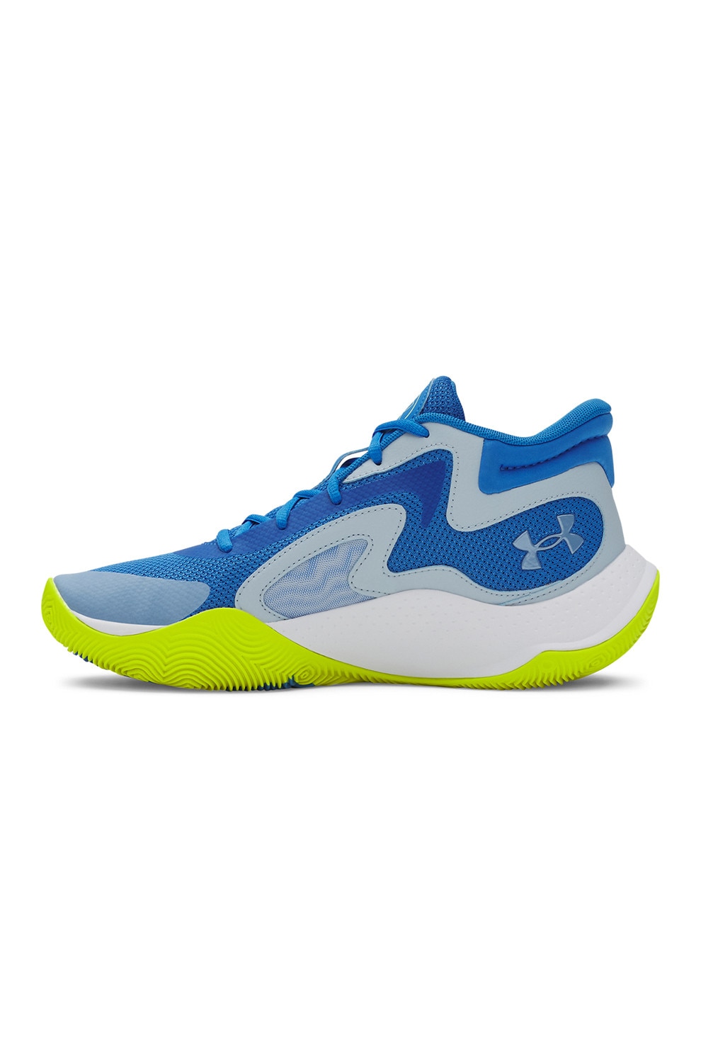 Under Armour, Pantofi mid-cut Jet '25 cu detaliu logo pentru baschet, Gri deschis, Albastru royal, 9.5