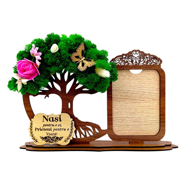 Decoratiune Rama foto si copacul vietii cu licheni si mesaj pentru Nasi "Nasi pentru o zi...", cadou personalizat – 30x18 cm, nuc
