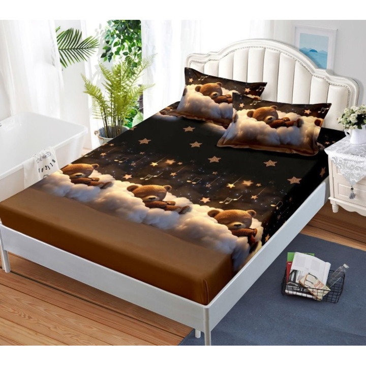 Husa de Pat cu Elastic si 2 Fete de Perna, 3 Piese, Bumbac Satinat, 180x200cm, Imprimeu Ursulet pe Nori Pufosi, Multicolor