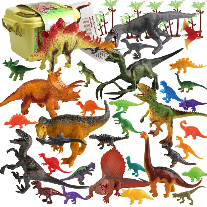 Set 38 figurine dinozauri, multicolor, 1 cutie de depozitare, 33x27 inch