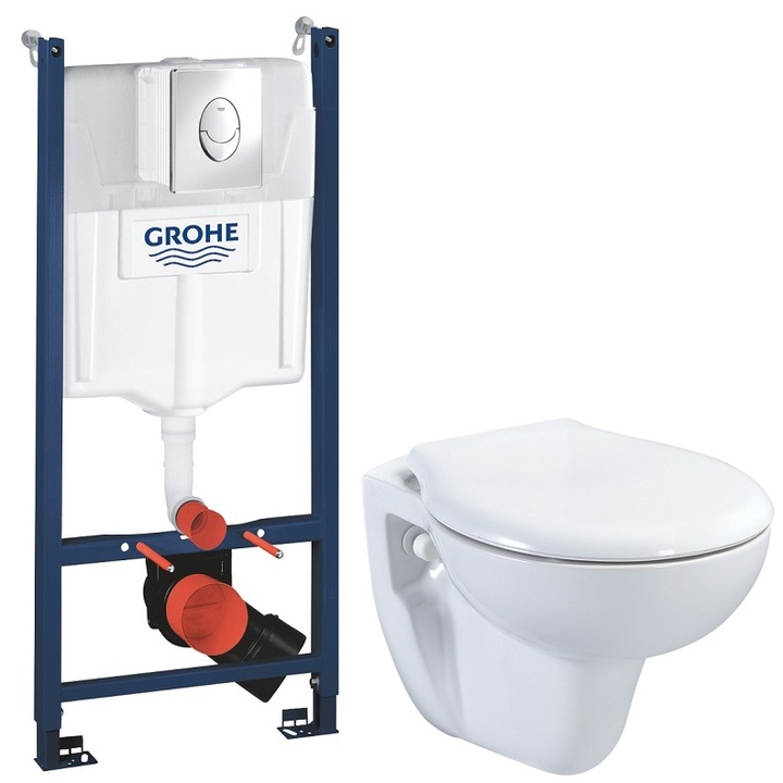 Set Vas WC Suspendat Mozy Compact 49 cm, Rezervor Grohe, Capac Softclose, Clapeta Crom Lucios