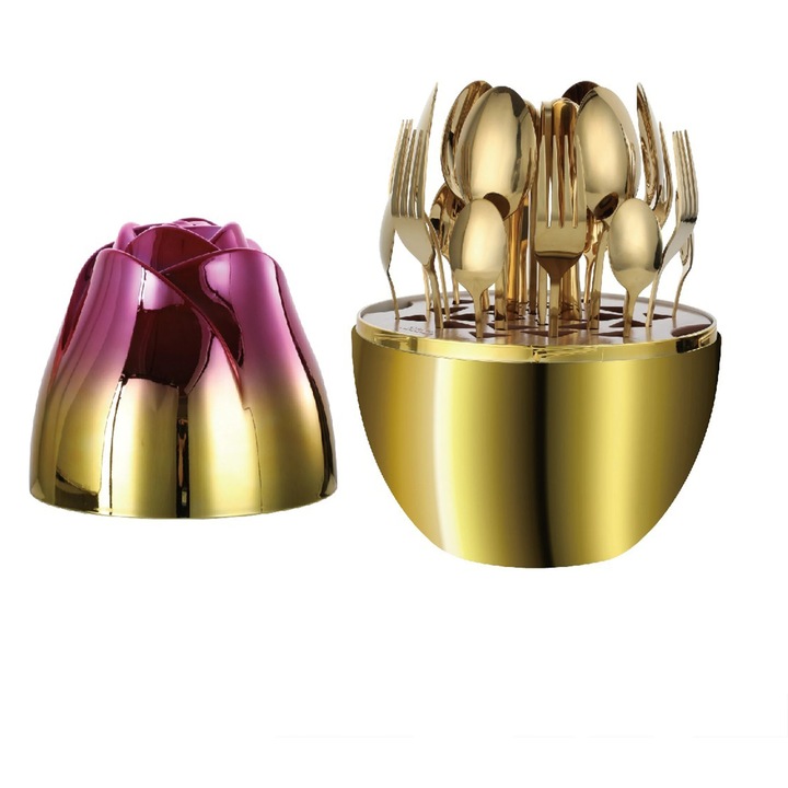Комплект прибори за хранене 24 части, неръждаема стомана, златно-розов, за 6 души, ножове, вилици, лъжици и чаени лъжички