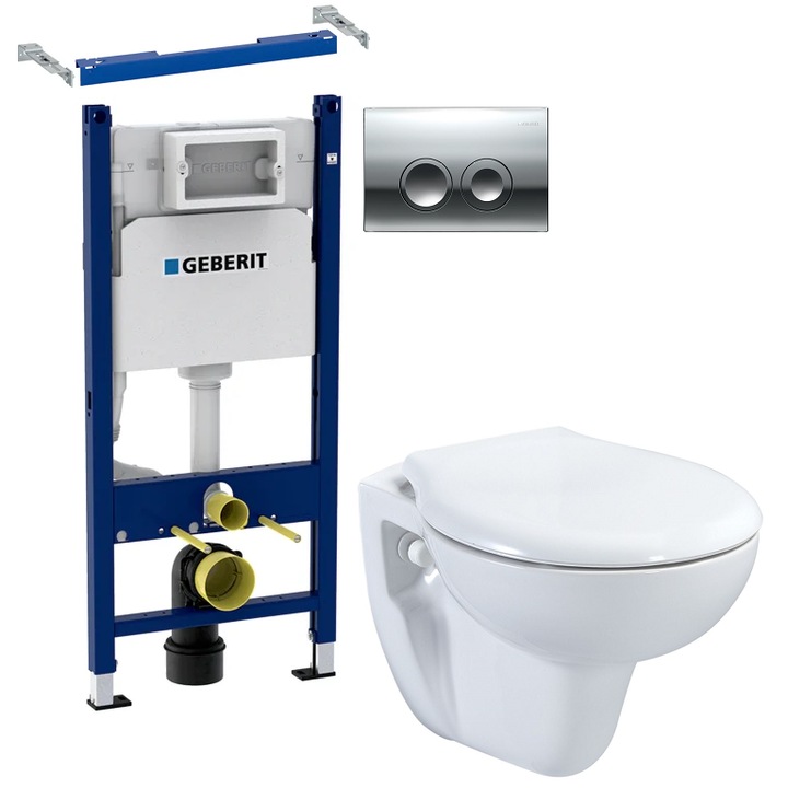 Set 2 in 1 Toaleta Mozy Compact 49 cm cu spalare standard american BOX-RIM, Rezervor Geberit, capac soft and slim, clapeta crom lucios