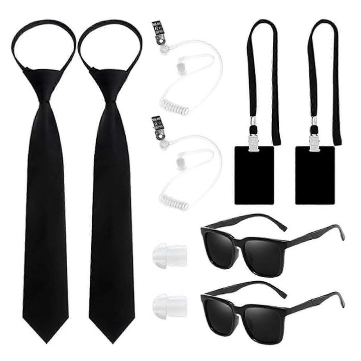 Costum de agent secret pentru copii si adulti, accesorii de cosplay, ochelari negri, casca, cravata, set 9