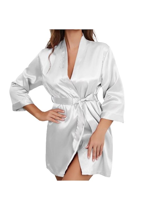 Camasa de noapte pentru femei, Ronyes, decolteu in V, halat cu legaturi in fata, imbracaminte de casa pentru vara, poliester, alb, marime M