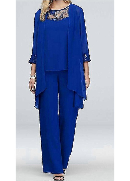 Set 3 piese, costum formal, albastru, poliester, include top, cardigan si pantaloni