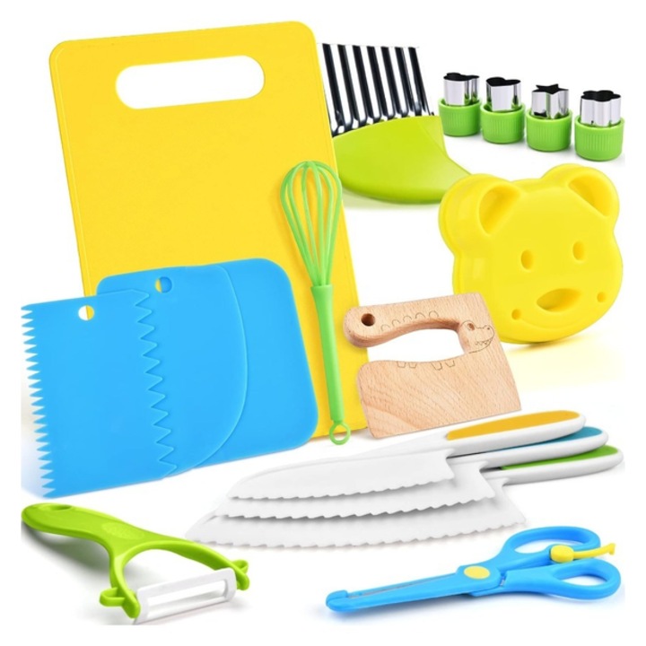 Set de cutite pentru copii, 17 piese, potrivit pentru varste cuprinse intre 2 si 8 ani, PP/inox, multicolor, 33 x 22 x 3,5 cm