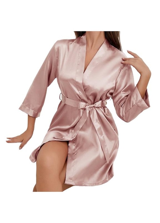 Camasa de noapte pentru femei, Ronyes, decolteu in V, halat cu legaturi in fata, imbracaminte de casa pentru vara, poliester, roz, marime XL