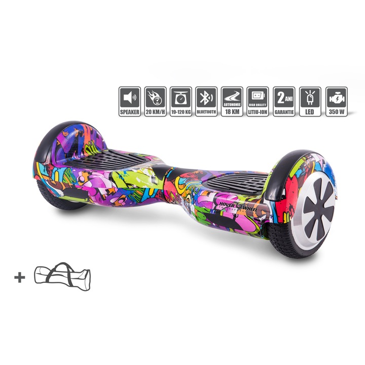Pachet COMBO Hoverkart(Hoverseat, Scaun)+Hoverboard Original grafitti dark, Scuter electric, roti 6.5 inch, bluetooth, geanta de transport cadou, led-uri, boxa incorporata,700w
