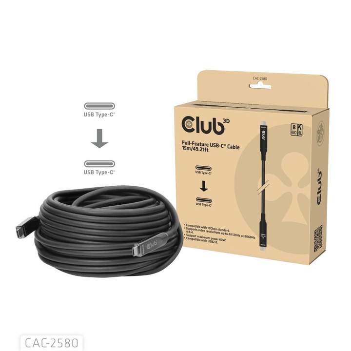 Club3D USB-C adatkábel, 15m, fekete, Ultra HD 8K