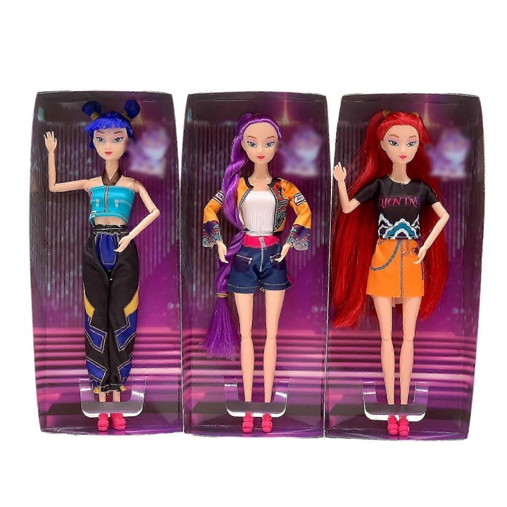 Set 3 x Papusa K-POP Demon Hunter Girl Group, Lumie, Mira, Zoe, 11 inch, multicolor