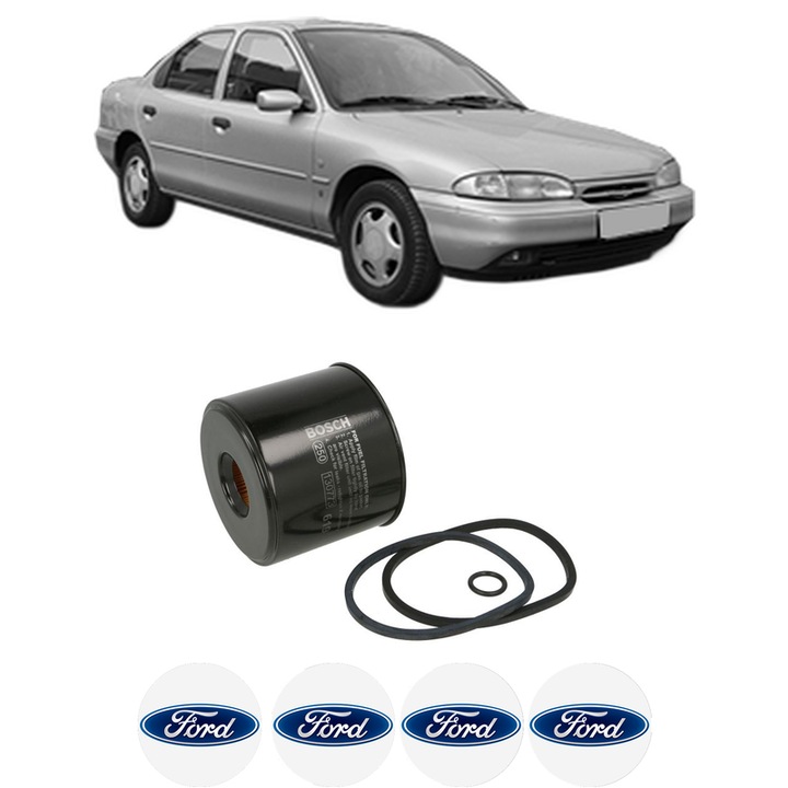 Filtru combustibil FORD MONDEO I Saloon (GBP) 1.8 TD din 1993-1996 KW 65 CP 88 CMC 1753, Bosch, Auto, 4x Stickere auto cu FORD