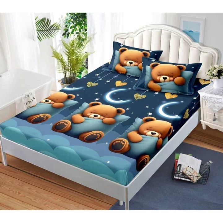Husa de Pat cu Elastic si 2 Fete de Perna, 3 Piese, Bumbac Satinat, 180x200cm, Imprimeu Ursuletul Somnoras Multicolor