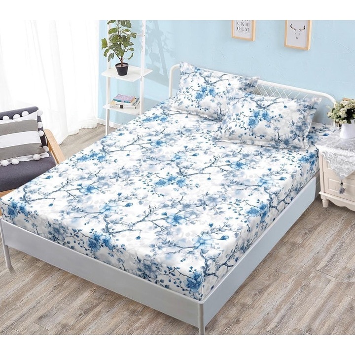 Husa de Pat cu Elastic si 2 Fete de Perna, 3 Piese, Bumbac Satinat, 180x200cm, Imprimeu Floral, Alb-Albastru