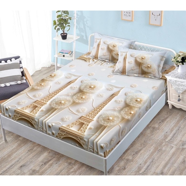 Husa de Pat cu Elastic si 2 Fete de Perna, 3 Piese, Bumbac Satinat, 180x200cm, Imprimeu Paris, Multicolor